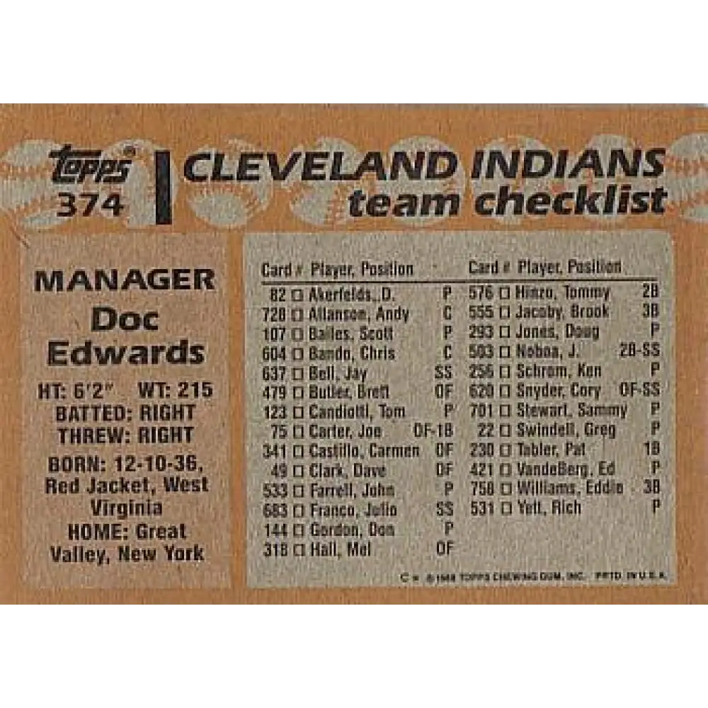 1988 Topps #374 Doc Edwards NM-MT Cleveland Indians Baseball Card  Image 2