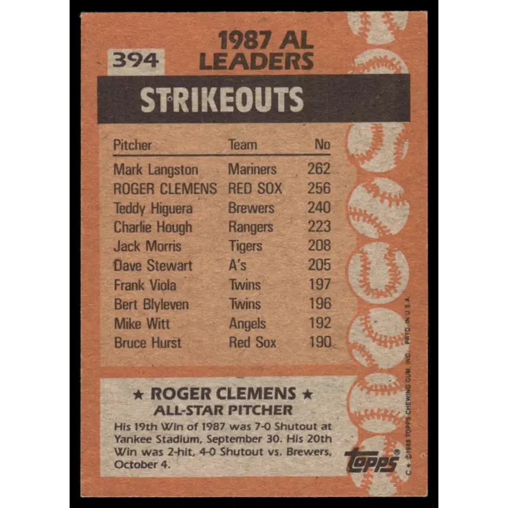 1988 Topps #394 Roger Clemens EX/NM Boston Red Sox Baseball Card Image 2