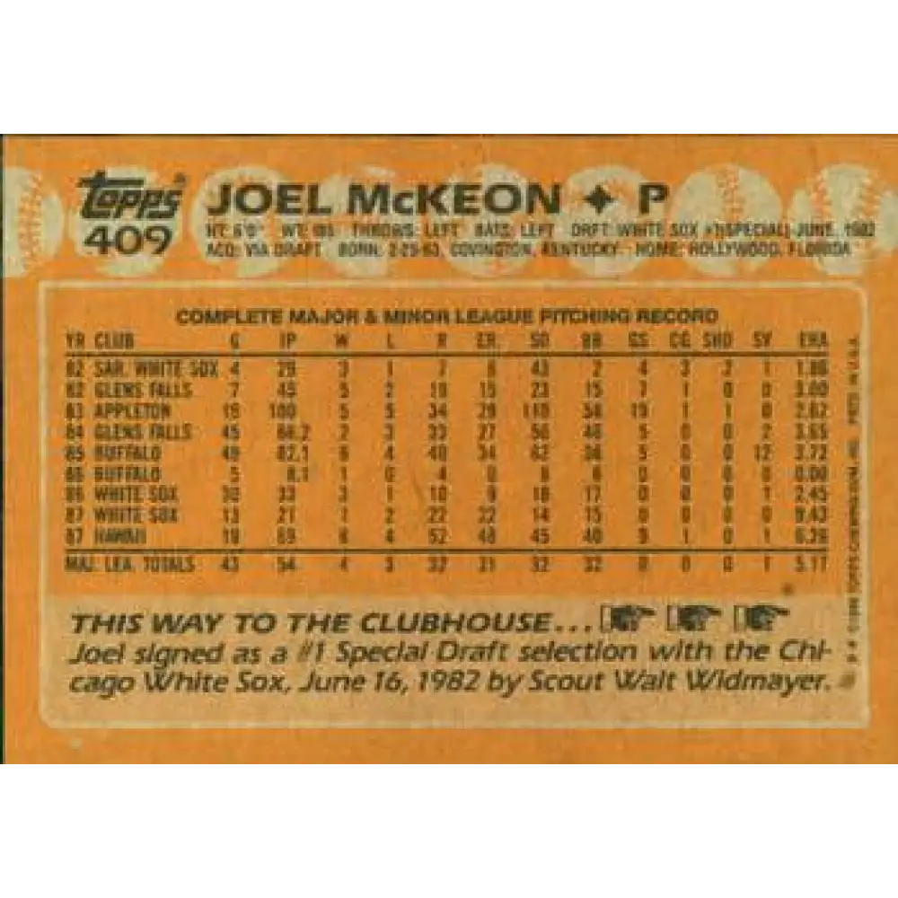 1988 Topps #409 Joel McKeon NM-MT Chicago White Sox Baseball Card  Image 2
