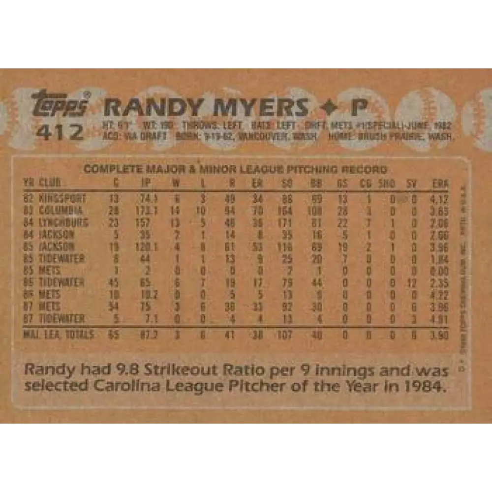 1988 Topps #412 Randy Myers NM-MT New York Mets Baseball Card  Image 2