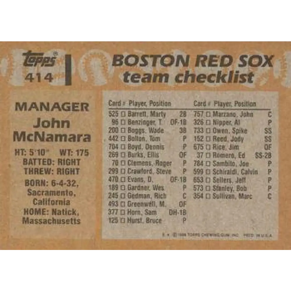 1988 Topps #414 John McNamara NM-MT Boston Red Sox Baseball Card  Image 2