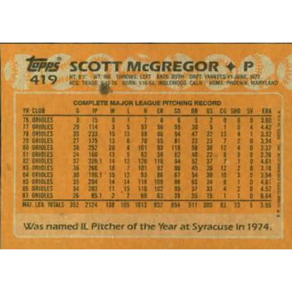 1988 Topps #419 Scott McGregor NM-MT Baltimore Orioles Baseball Card  Image 2