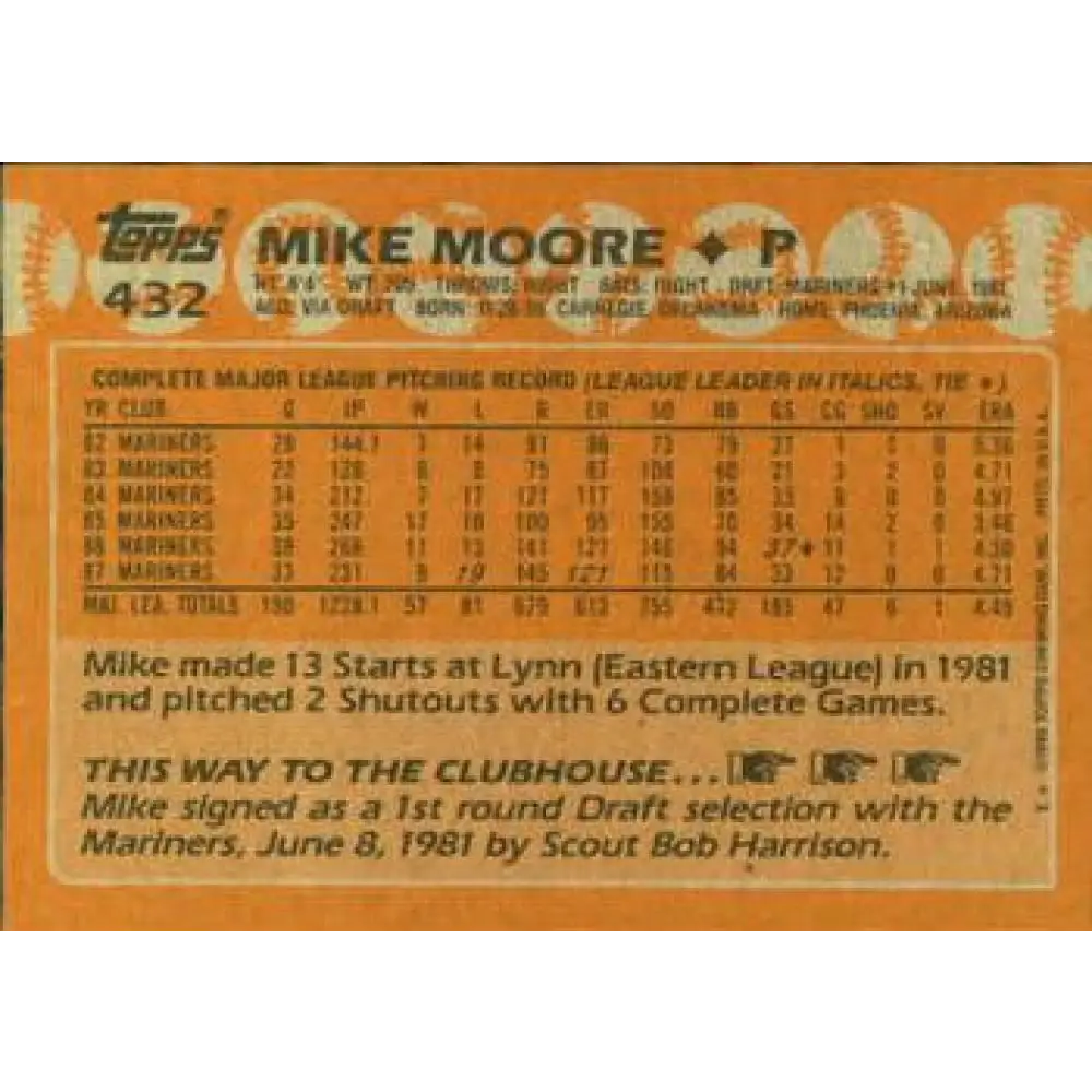 1988 Topps #432 Mike Moore NM-MT Seattle Mariners Baseball Card  Image 2