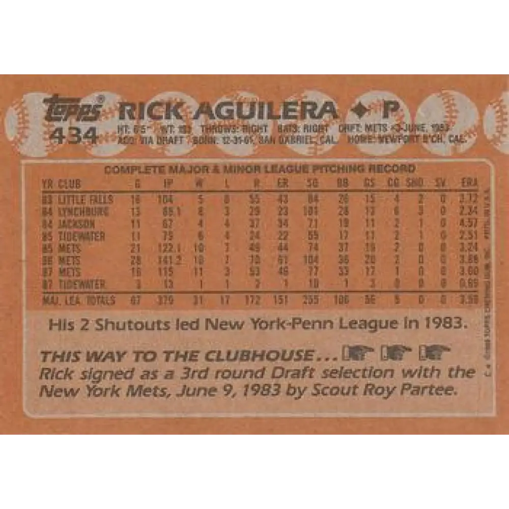 1988 Topps #434 Rick Aguilera NM-MT New York Mets Baseball Card  Image 2