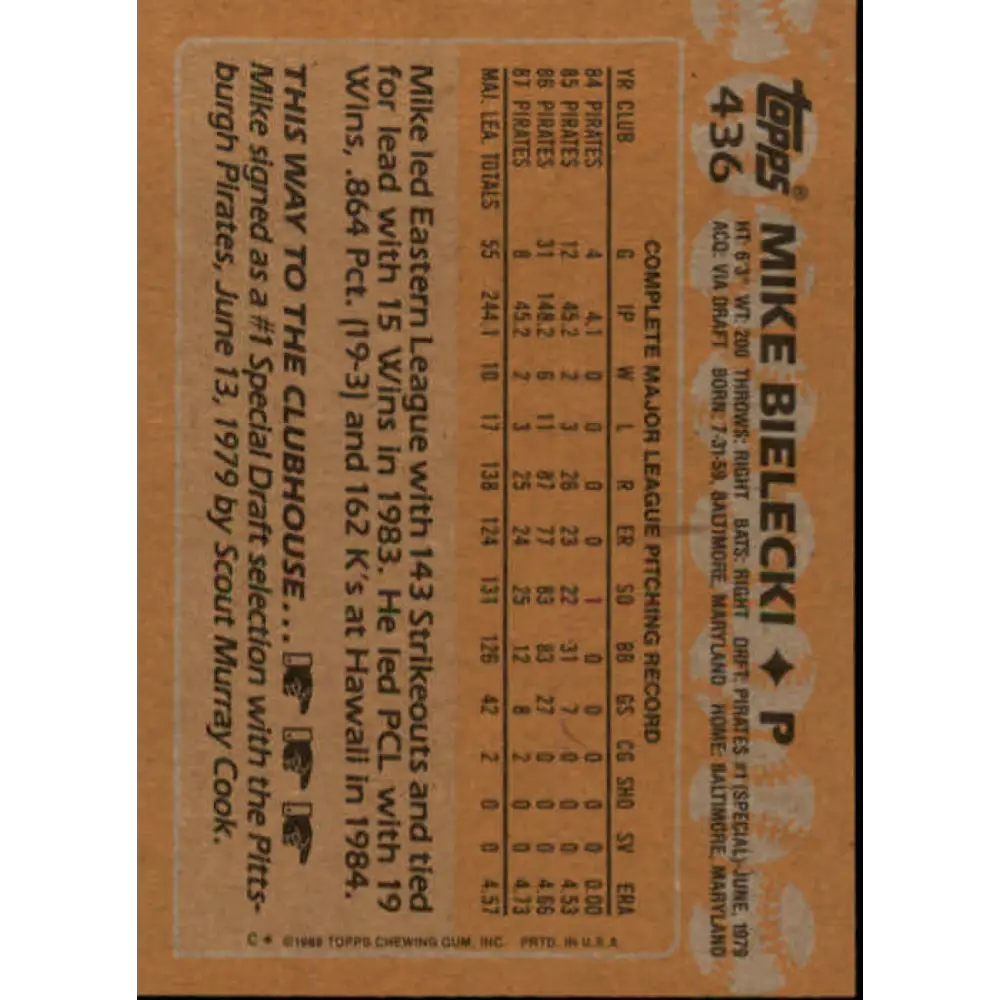 1988 Topps #436 Mike Bielecki NM-MT Pittsburgh Pirates Baseball Card  Image 2