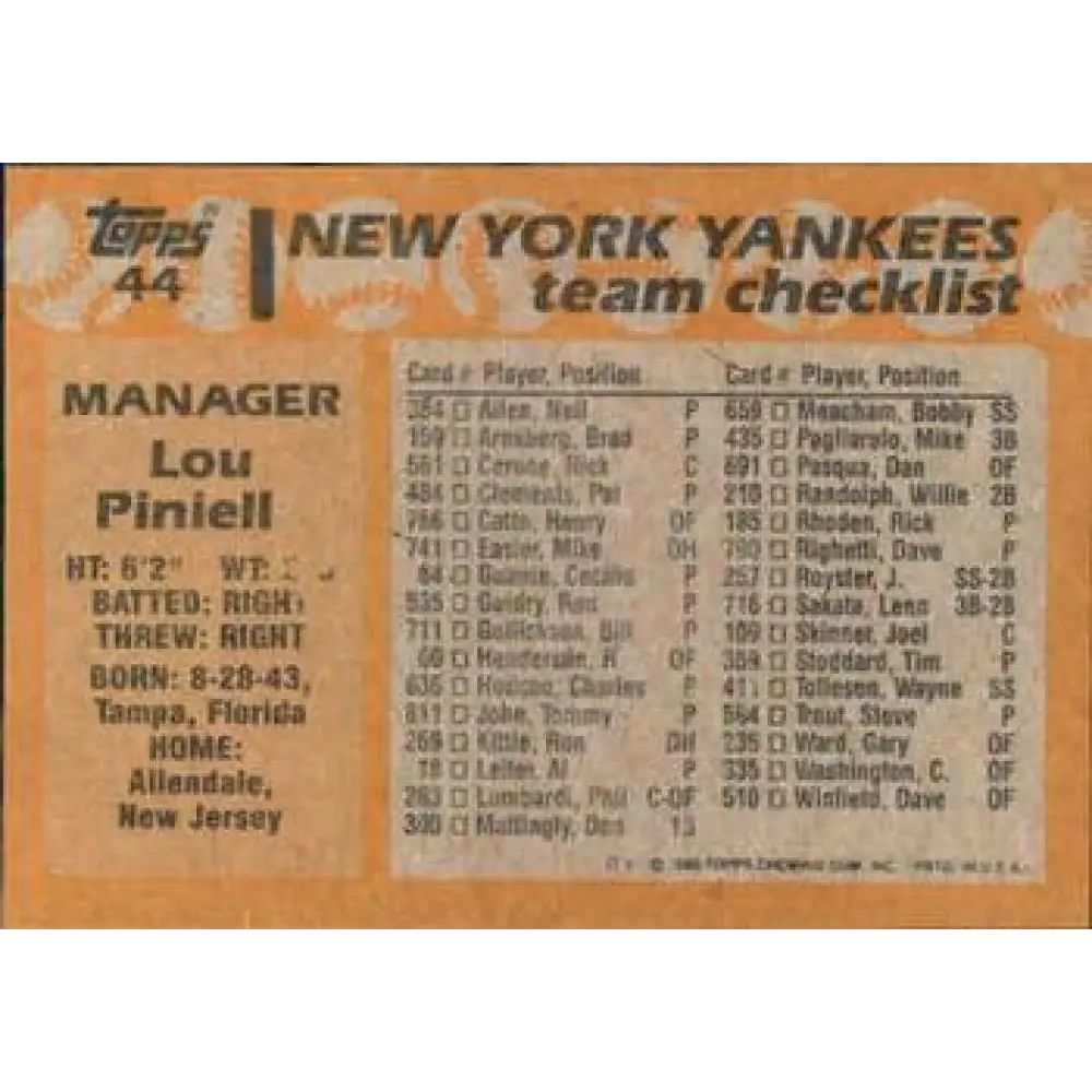 1988 Topps #44 Lou Piniella NM-MT New York Yankees Baseball Card  Image 2