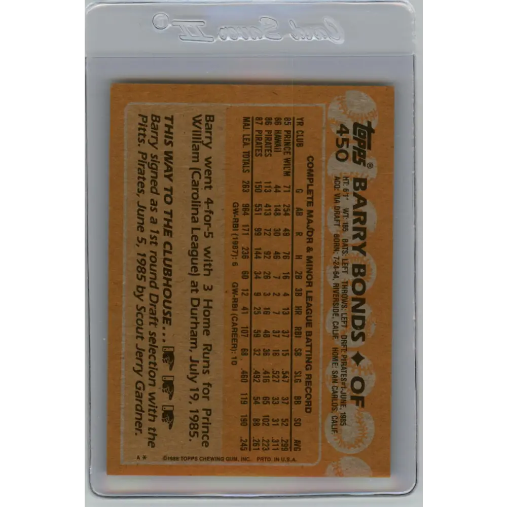 1988 Topps #450 Barry Bonds NM-MT Pittsburgh Pirates Baseball Card  Image 2