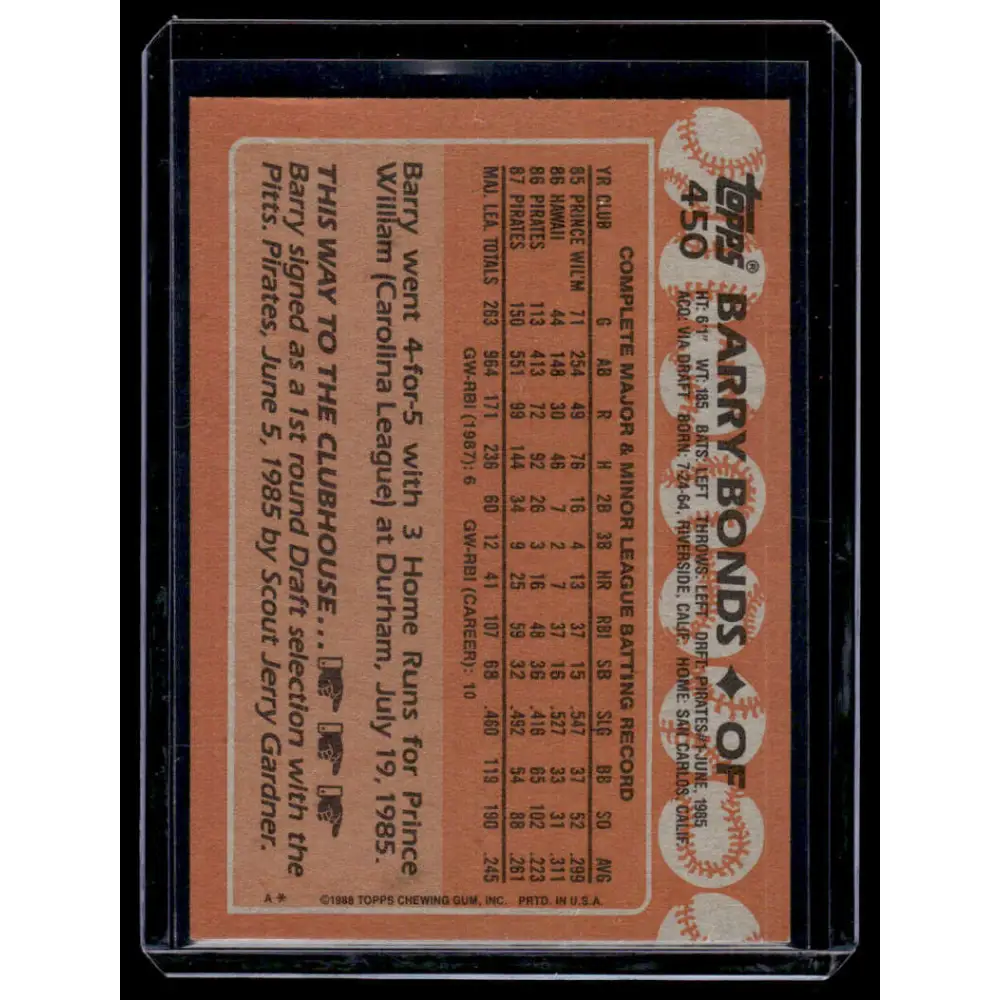 1988 Topps #450 Barry Bonds Pittsburgh Pirates NM-MT Image 2