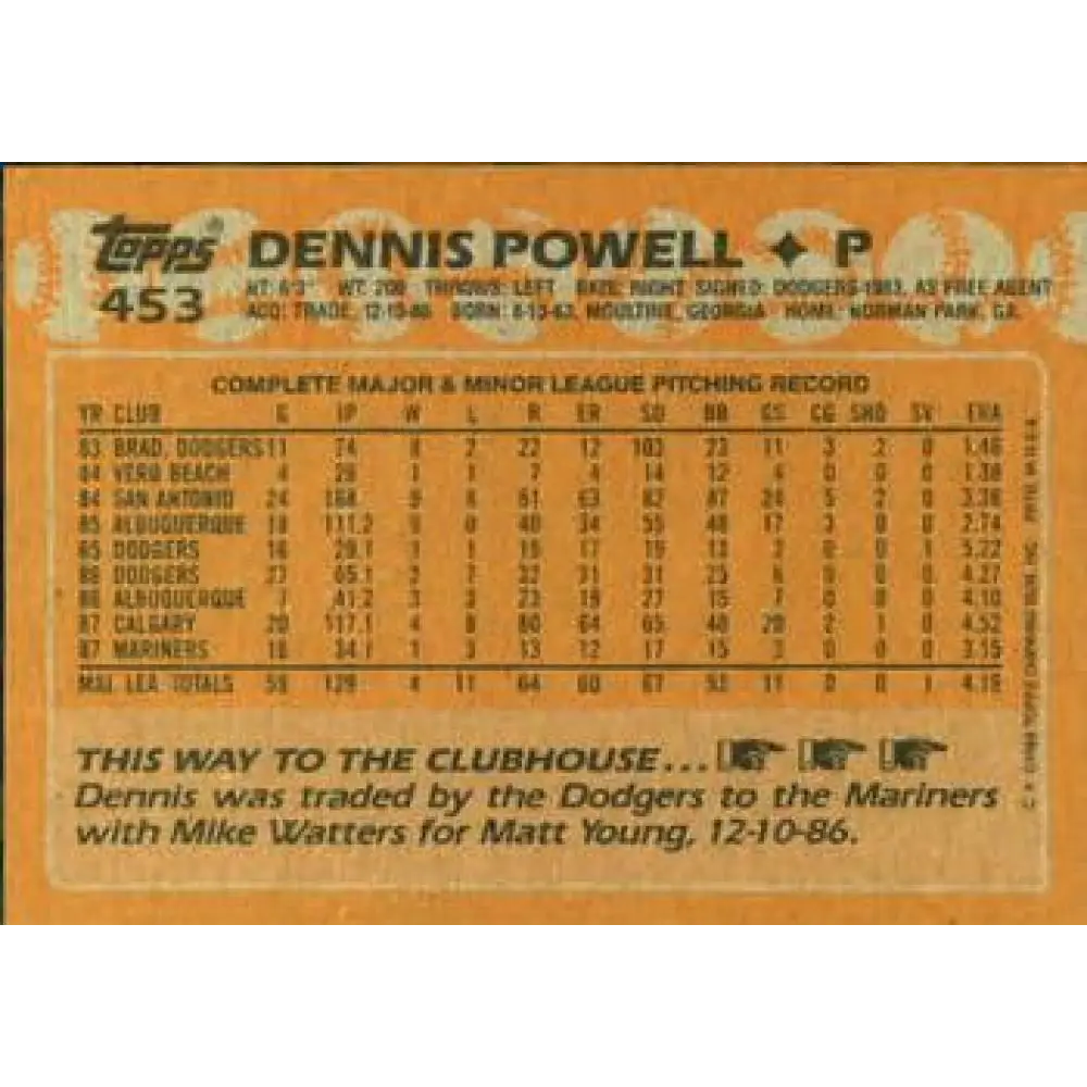 1988 Topps #453 Dennis Powell NM-MT Seattle Mariners Baseball Card  Image 2