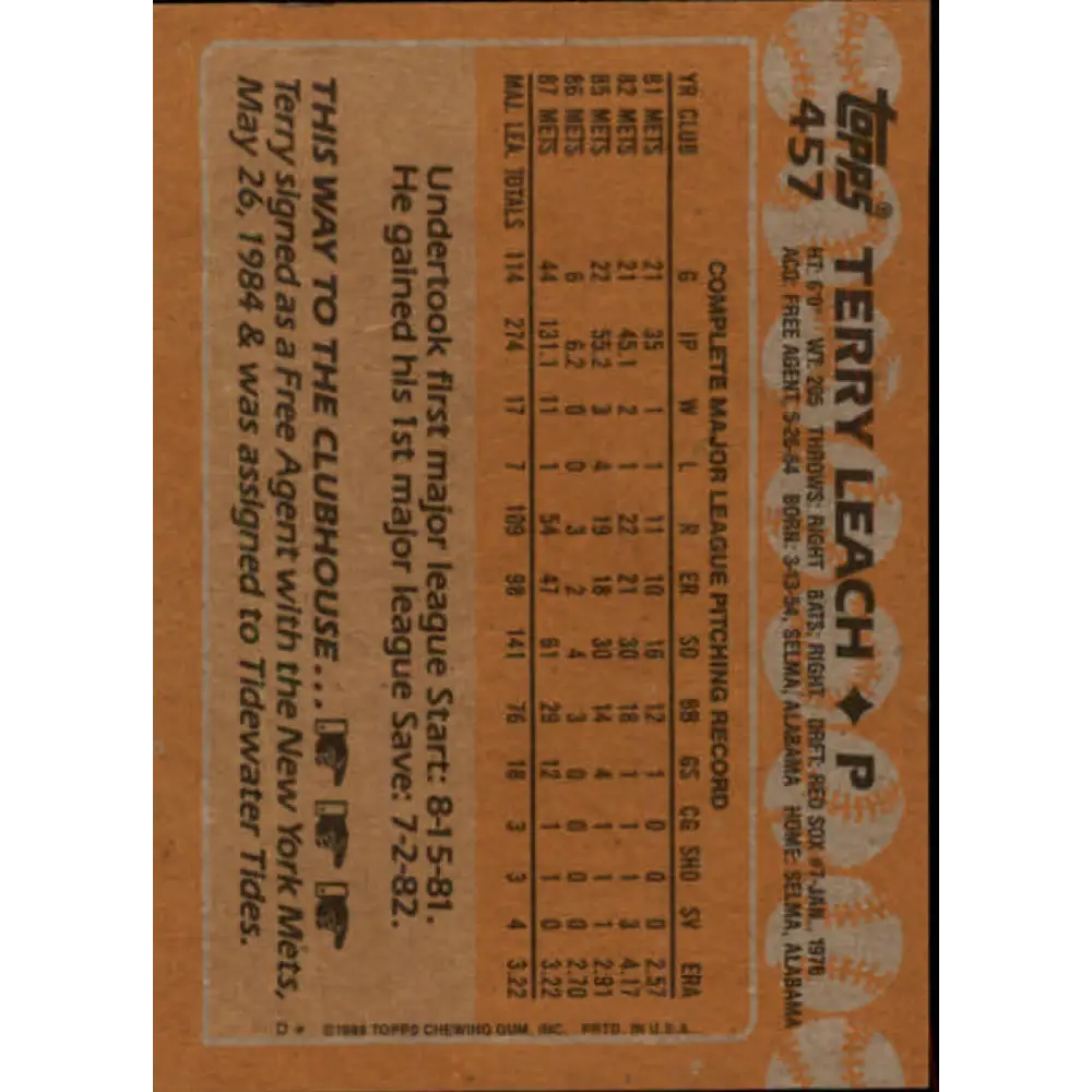 1988 Topps #457 Terry Leach NM-MT New York Mets Baseball Card  Image 2