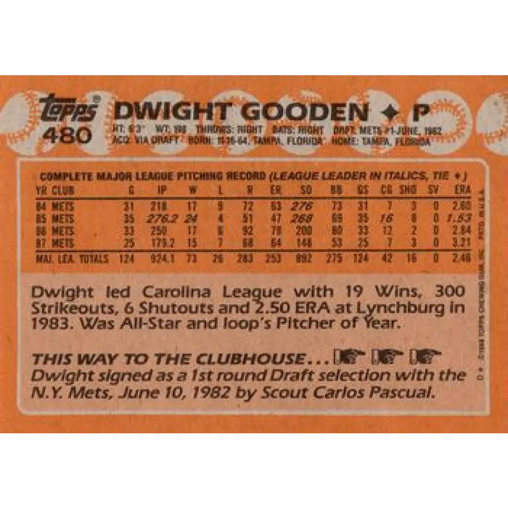 1988 Topps #480 Dwight Gooden NM-MT New York Mets Baseball Card  Image 2