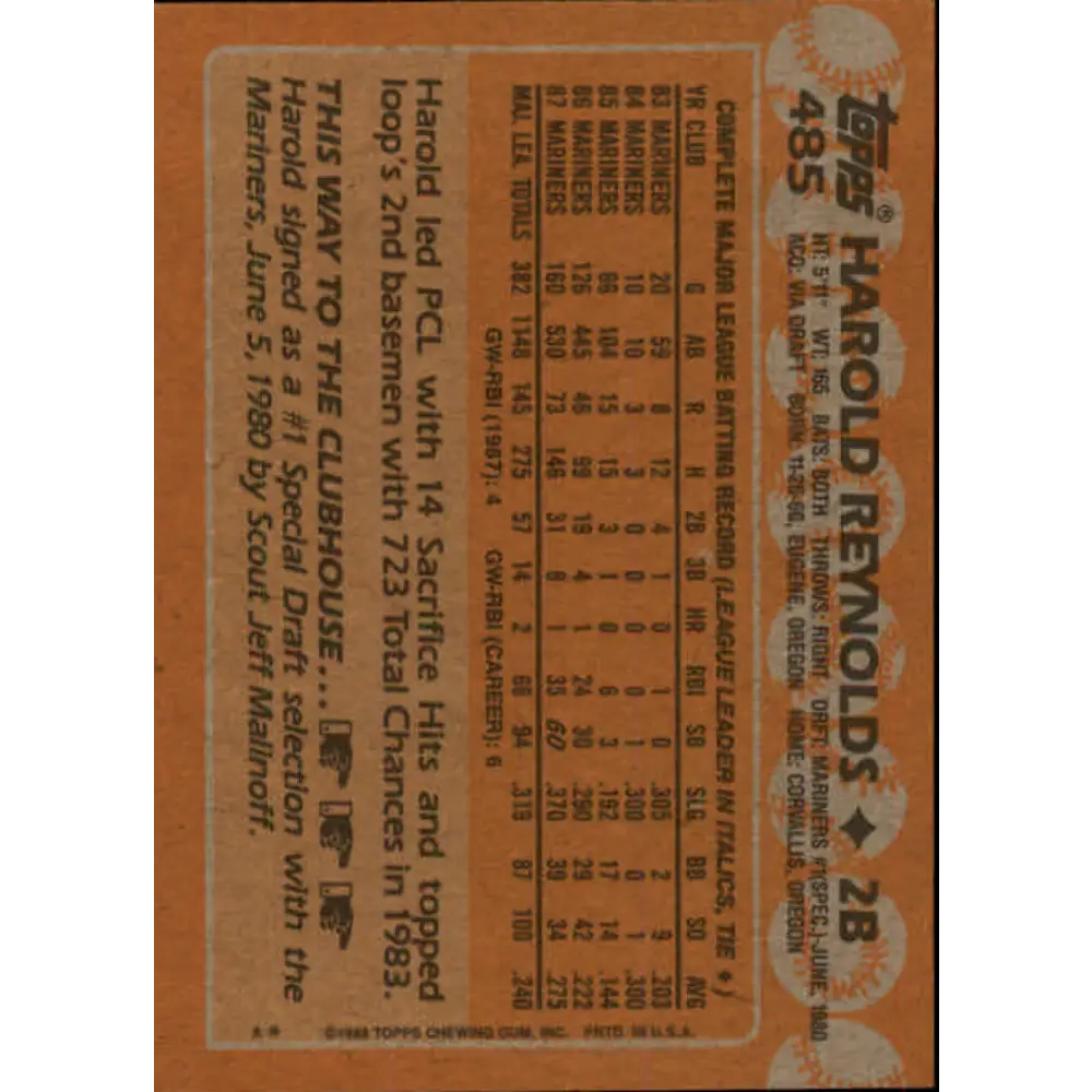 1988 Topps #485 Harold Reynolds NM-MT Seattle Mariners Baseball Card  Image 2
