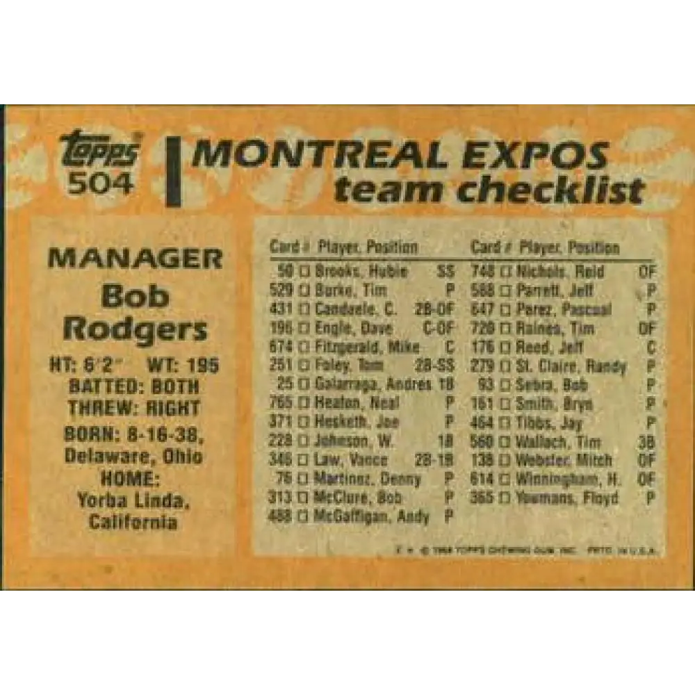 1988 Topps #504 Bob Rodgers NM-MT Montreal Expos Baseball Card  Image 2