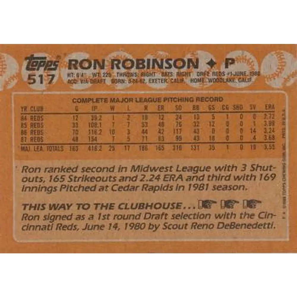 1988 Topps #517 Ron Robinson NM-MT Cincinnati Reds Baseball Card  Image 2