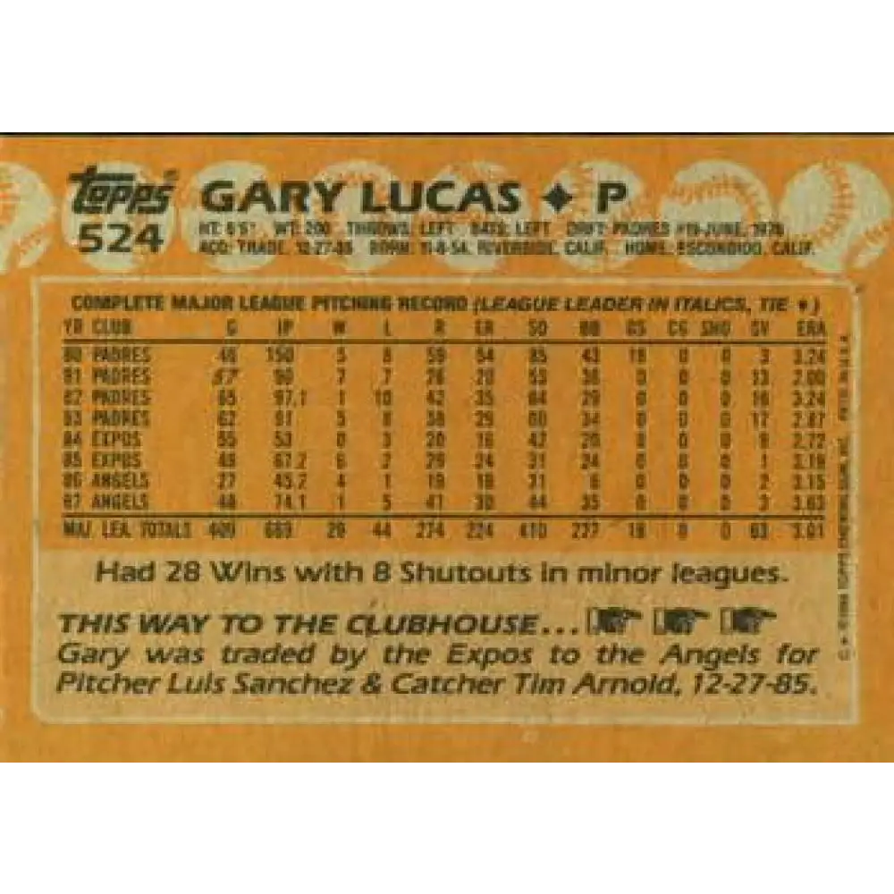 1988 Topps #524 Gary Lucas NM-MT California Angels Baseball Card  Image 2