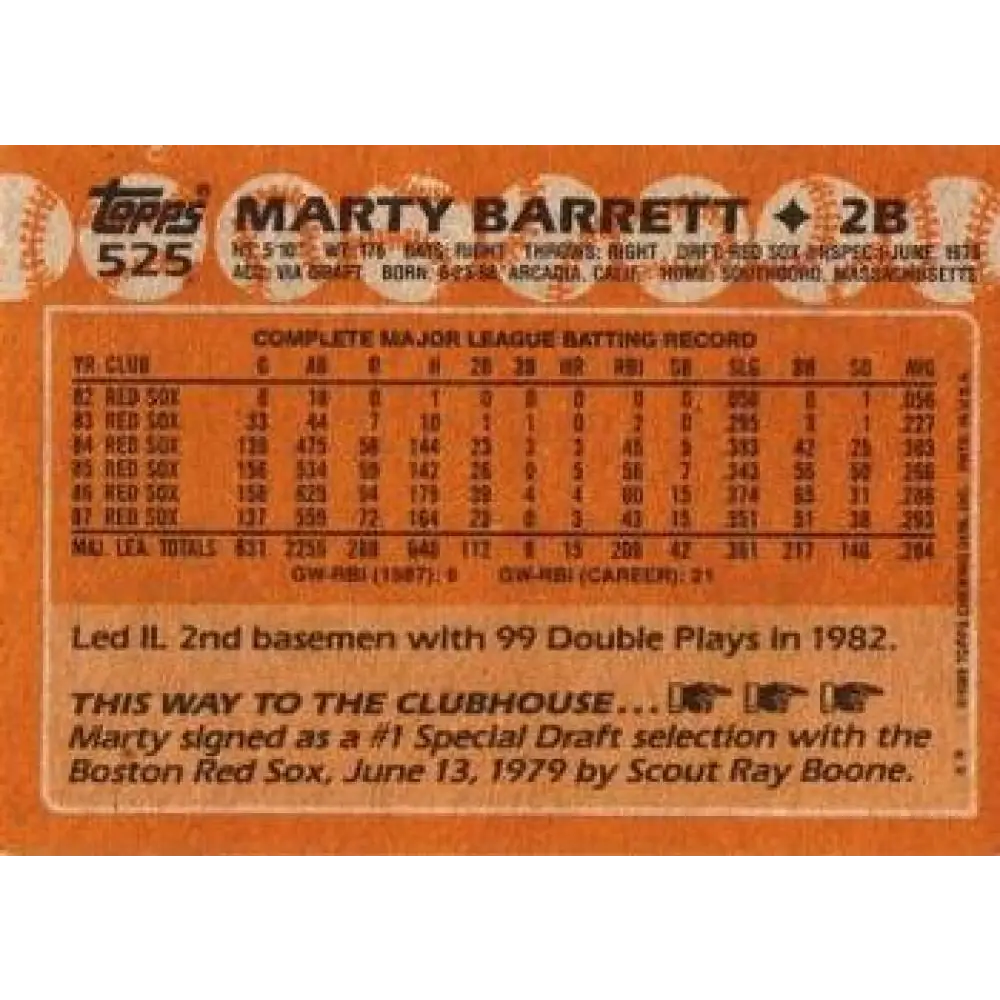 1988 Topps #525 Marty Barrett NM-MT Boston Red Sox Baseball Card  Image 2