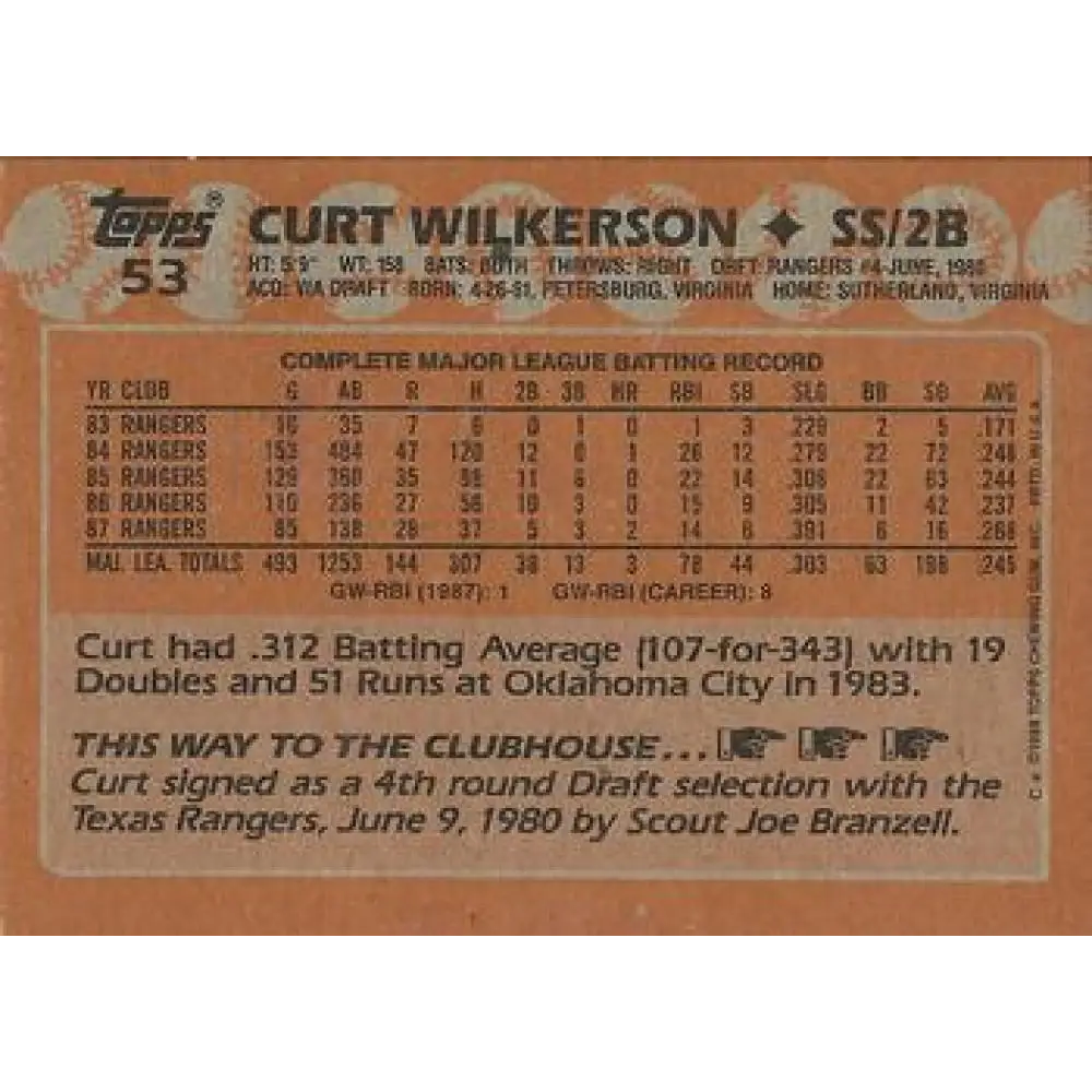 1988 Topps #53 Curtis Wilkerson NM-MT Texas Rangers Baseball Card  Image 2