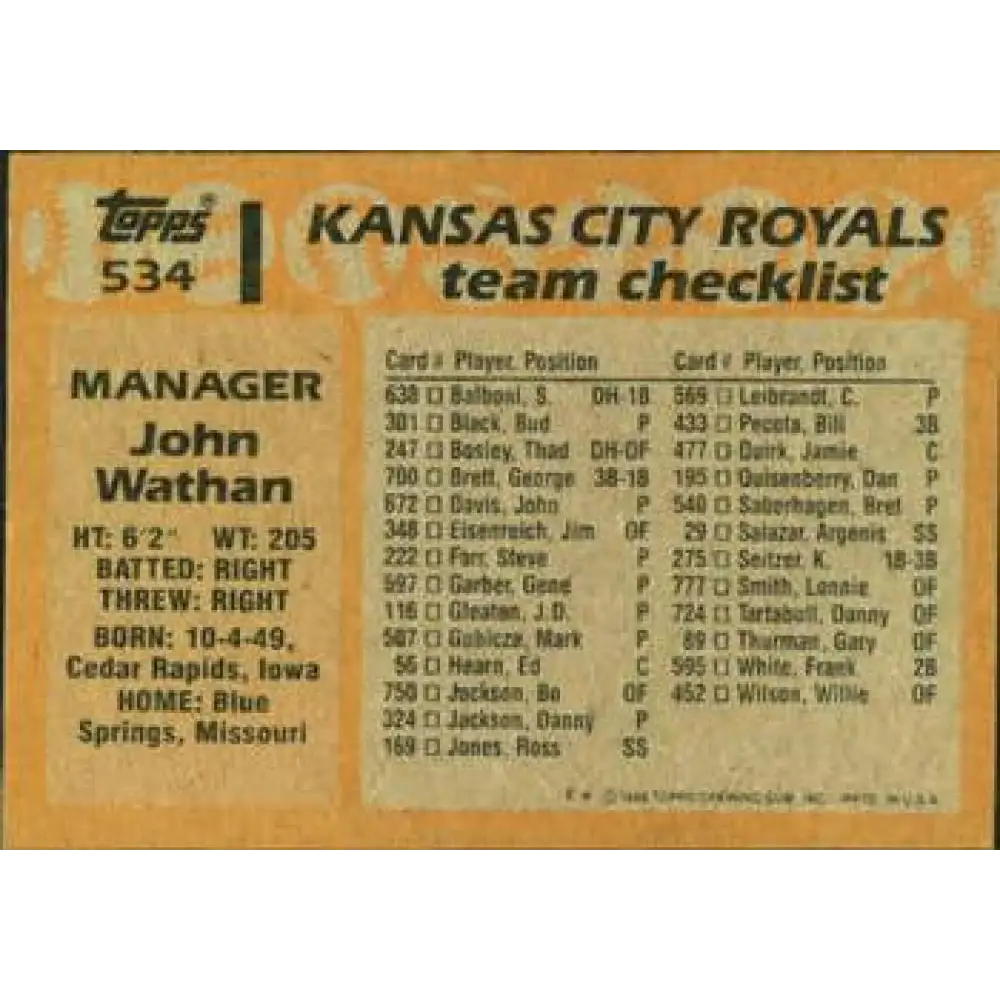 1988 Topps #534 John Wathan NM-MT Kansas City Royals Baseball Card  Image 2