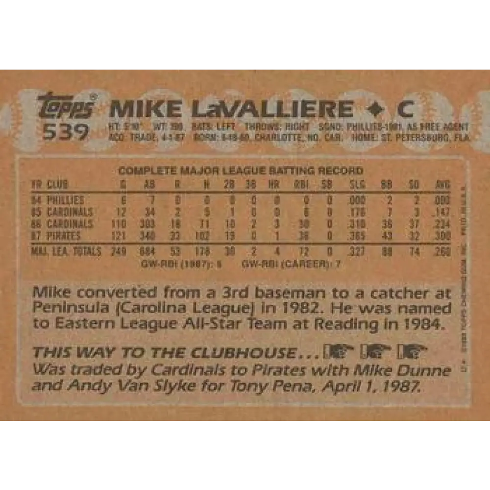 1988 Topps #539 Mike LaValliere NM-MT Pittsburgh Pirates Baseball Card  Image 2
