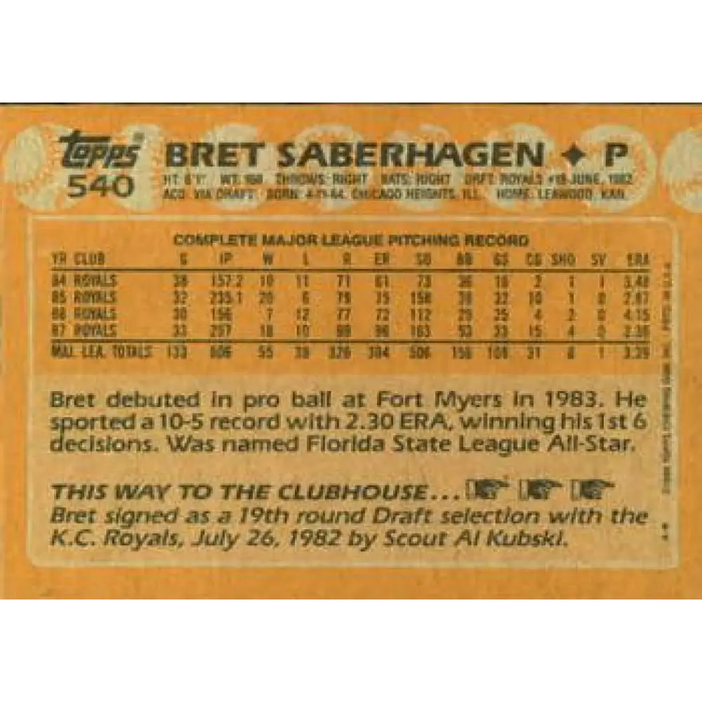 1988 Topps #540 Bret Saberhagen NM-MT Kansas City Royals Baseball Card  Image 2