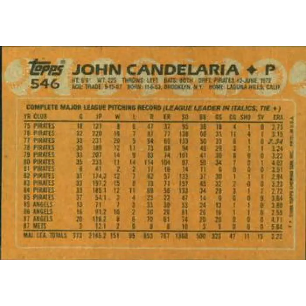 1988 Topps #546 John Candelaria NM-MT New York Mets Baseball Card  Image 2
