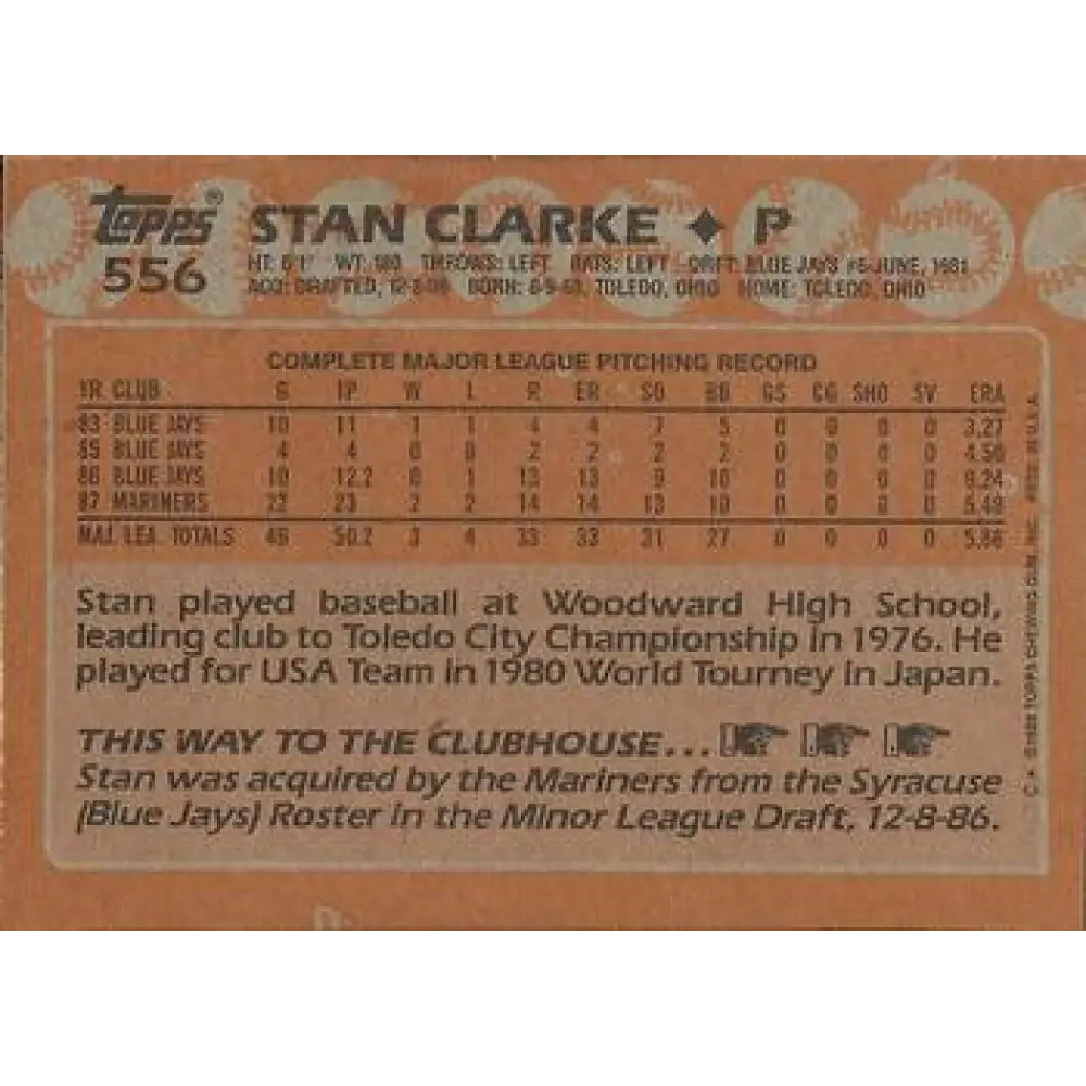 1988 Topps #556 Stan Clarke NM-MT RC Rookie Seattle Mariners Baseball Card  Image 2