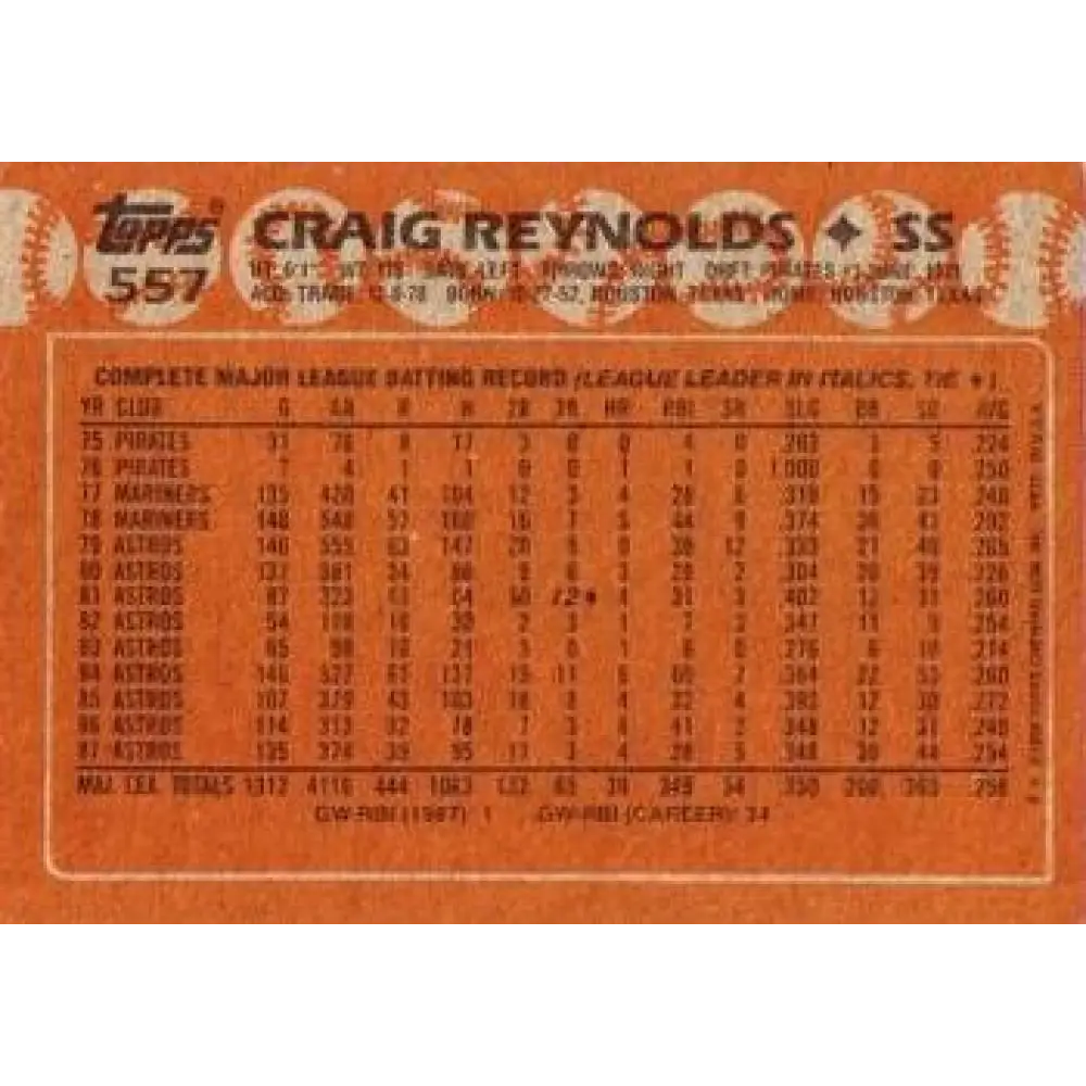 1988 Topps #557 Craig Reynolds NM-MT Houston Astros Baseball Card  Image 2