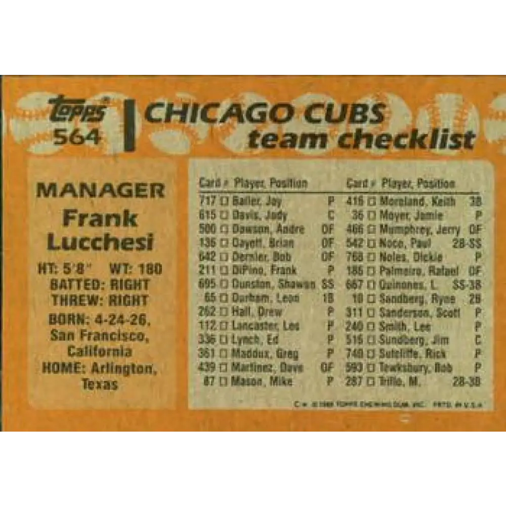 1988 Topps #564 Frank Lucchesi NM-MT Chicago Cubs Baseball Card  Image 2
