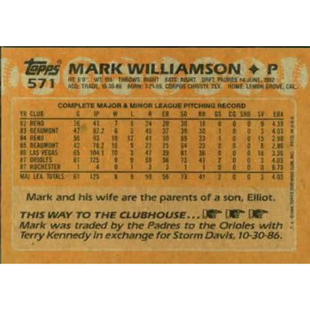 1988 Topps #571 Mark Williamson NM-MT Baltimore Orioles Baseball Card  Image 2
