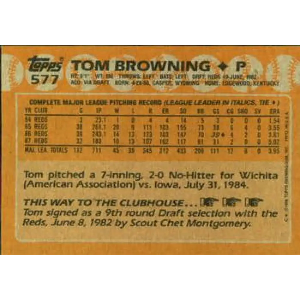 1988 Topps #577 Tom Browning NM-MT Cincinnati Reds Baseball Card  Image 2