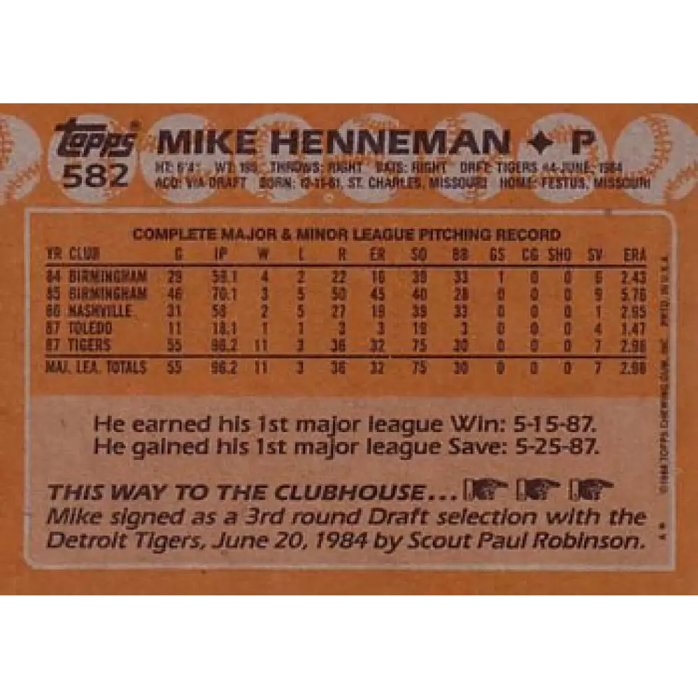 1988 Topps #582 Mike Henneman NM-MT RC Rookie Detroit Tigers Baseball Card  Image 2