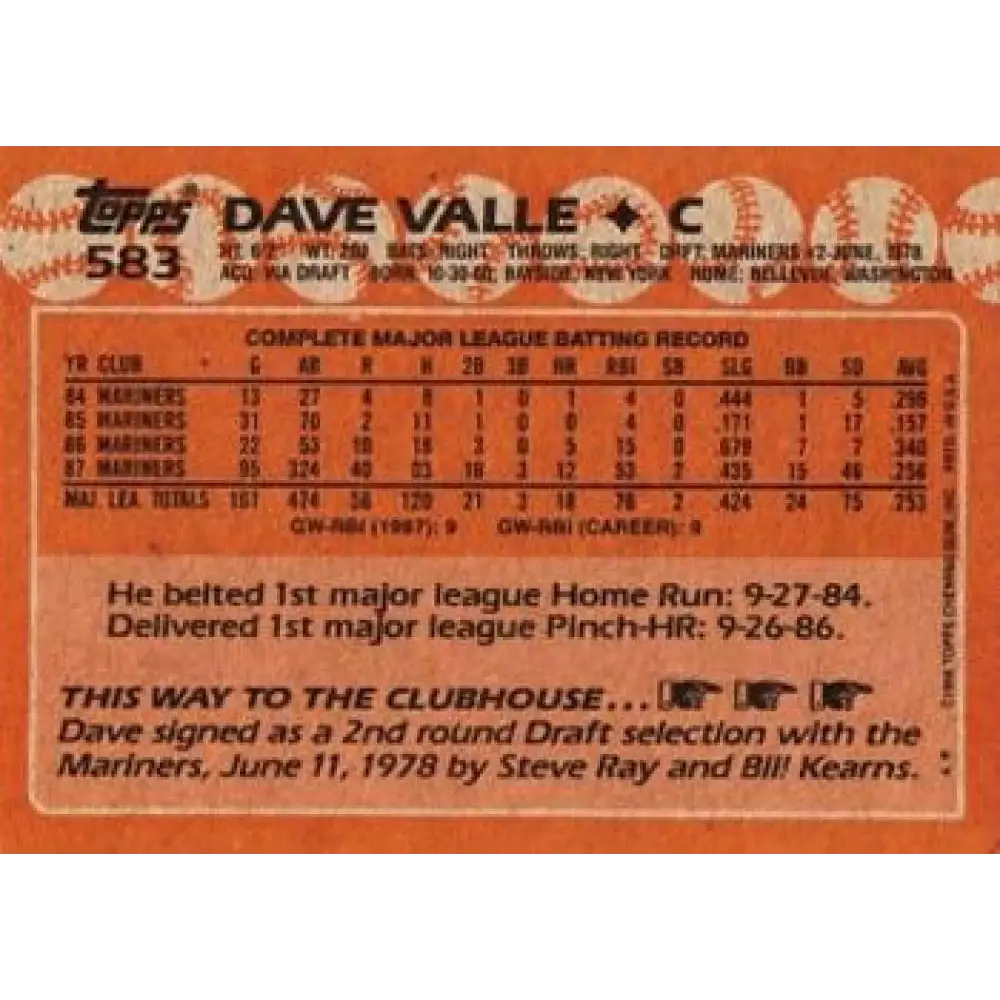 1988 Topps #583 Dave Valle NM-MT Seattle Mariners Baseball Card  Image 2