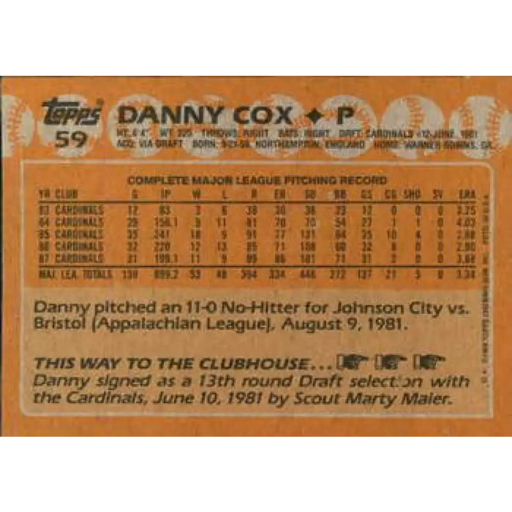 1988 Topps #59 Danny Cox NM-MT St. Louis Cardinals Baseball Card  Image 2