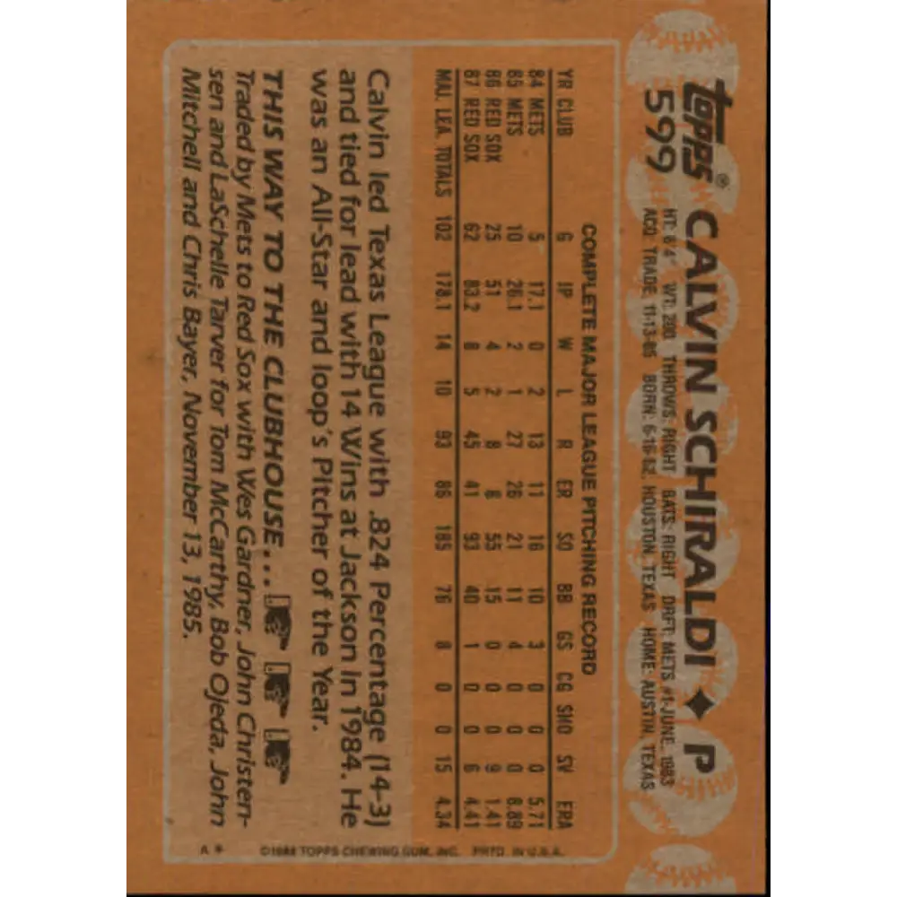 1988 Topps #599 Calvin Schiraldi NM-MT Boston Red Sox Baseball Card  Image 2