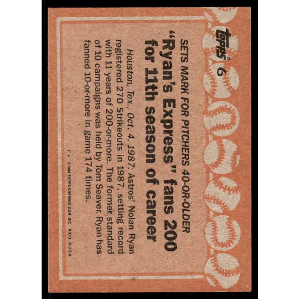 1988 Topps #6 Nolan Ryan EX/NM Houston Astros Baseball Card Image 2