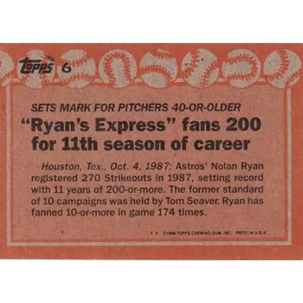 1988 Topps #6 Nolan Ryan NM-MT Houston Astros Baseball Card  Image 2