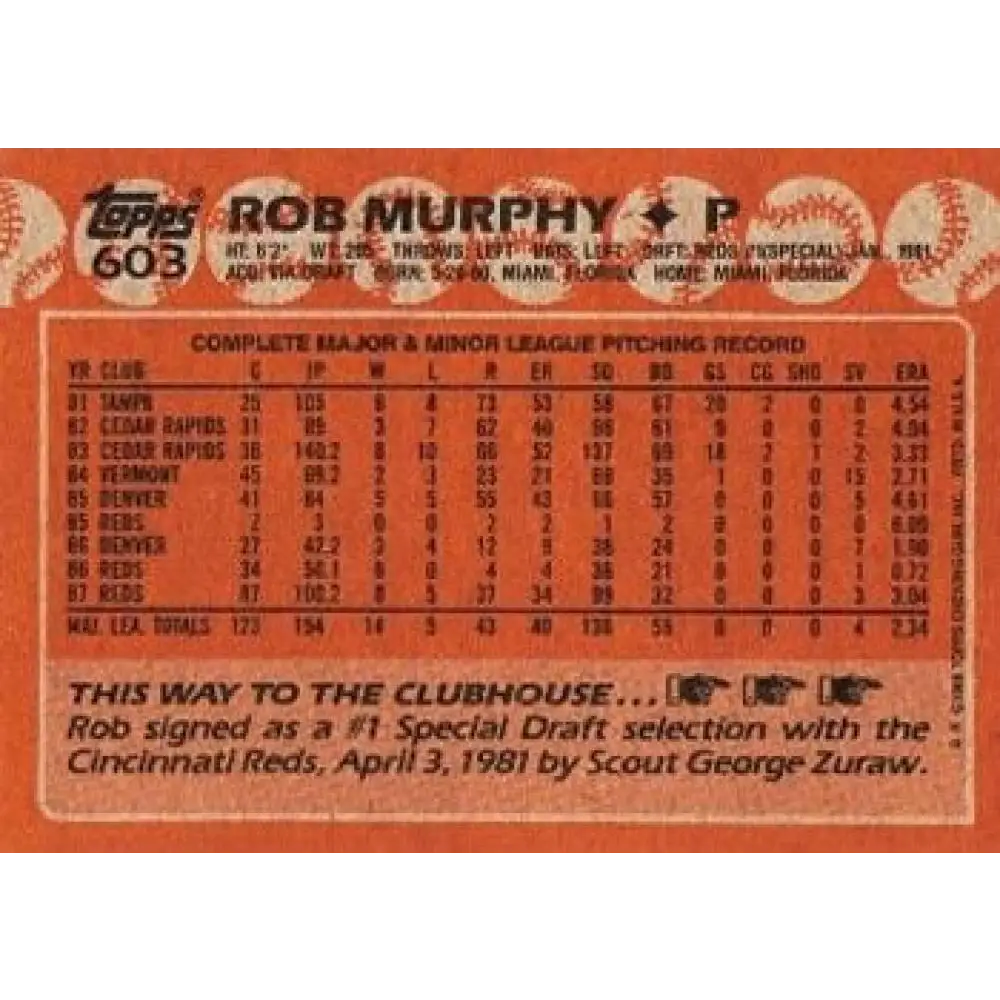 1988 Topps #603 Rob Murphy NM-MT Cincinnati Reds Baseball Card  Image 2