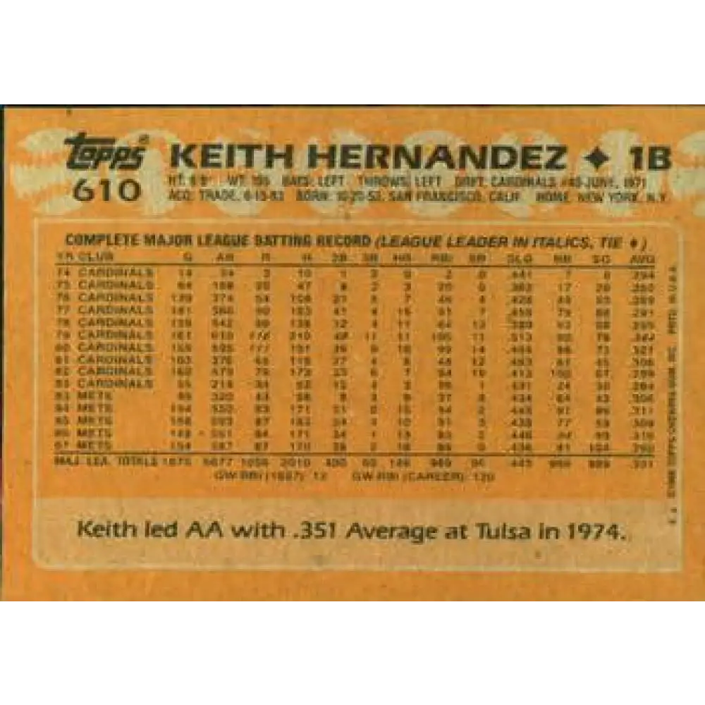 1988 Topps #610 Keith Hernandez NM-MT New York Mets Baseball Card  Image 2
