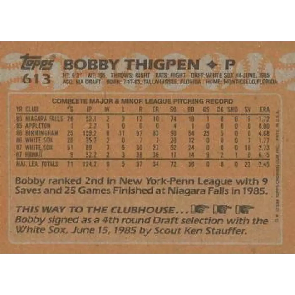 1988 Topps #613 Bobby Thigpen NM-MT Chicago White Sox Baseball Card  Image 2