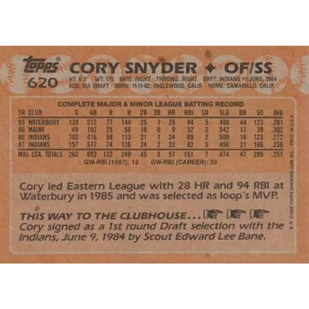 1988 Topps #620 Cory Snyder NM-MT Cleveland Indians Baseball Card  Image 2