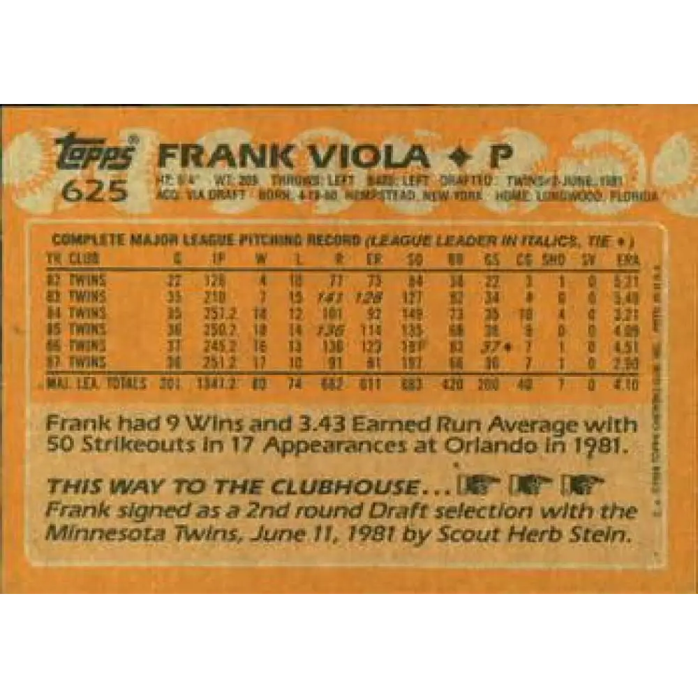 1988 Topps #625 Frank Viola NM-MT Minnesota Twins Baseball Card  Image 2