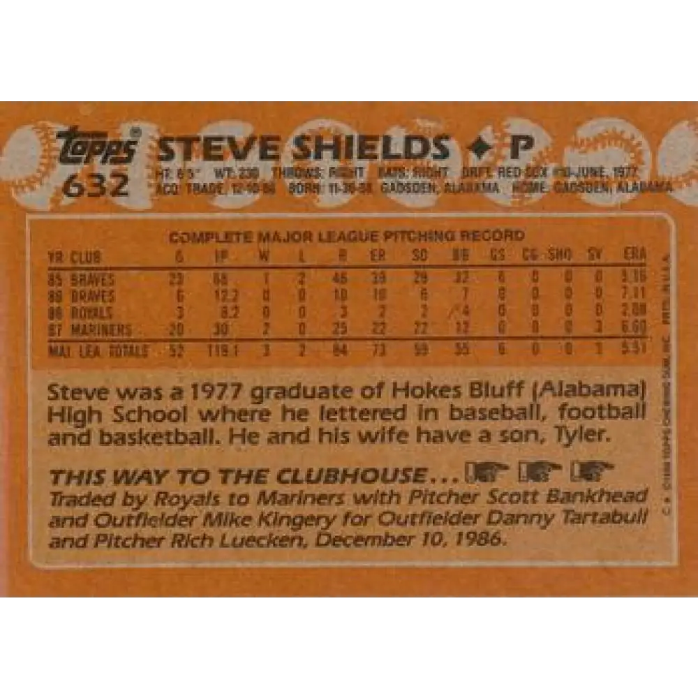 1988 Topps #632 Steve Shields NM-MT Seattle Mariners Baseball Card  Image 2