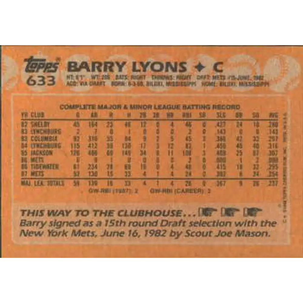 1988 Topps #633 Barry Lyons NM-MT RC Rookie New York Mets Baseball Card  Image 2
