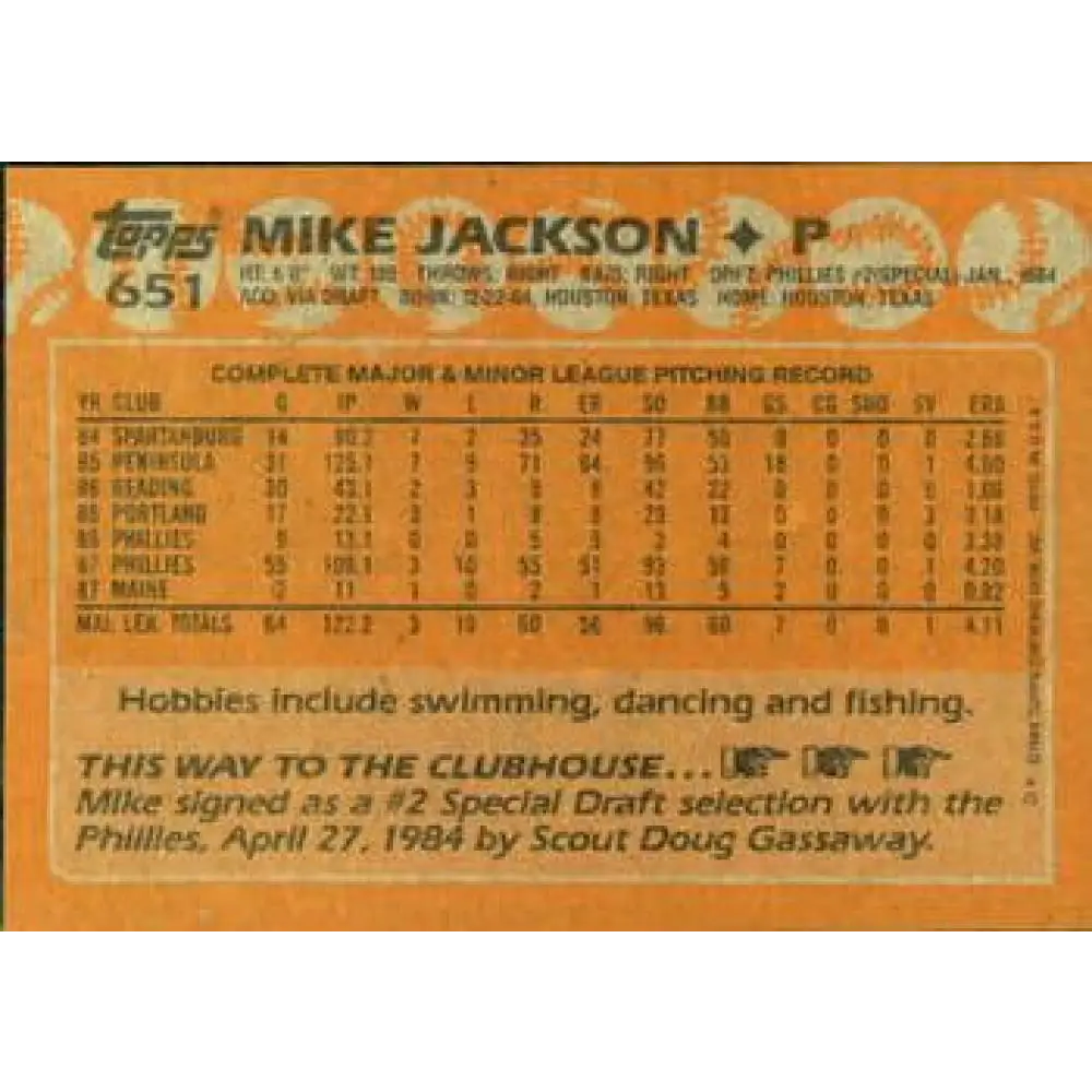 1988 Topps #651 Mike Jackson NM-MT RC Rookie Philadelphia Phillies Baseball Card  Image 2