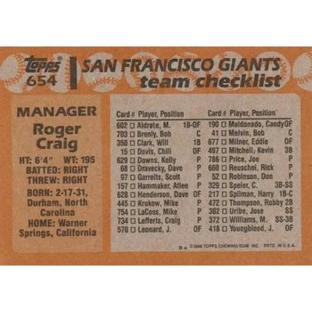 1988 Topps #654 Roger Craig NM-MT San Francisco Giants Baseball Card  Image 2
