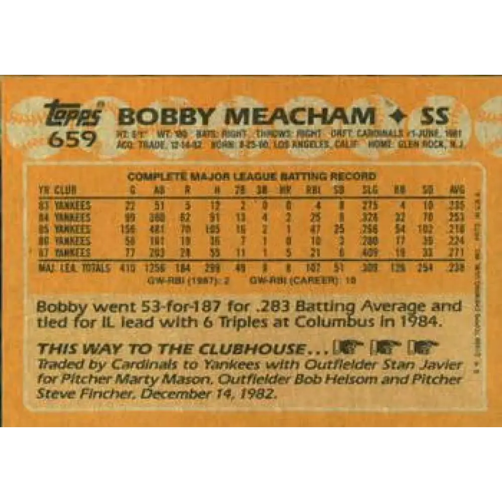 1988 Topps #659 Bobby Meacham NM-MT New York Yankees Baseball Card  Image 2