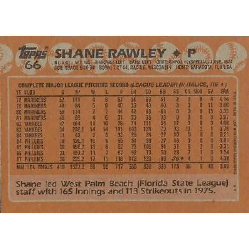 1988 Topps #66 Shane Rawley NM-MT Philadelphia Phillies Baseball Card  Image 2