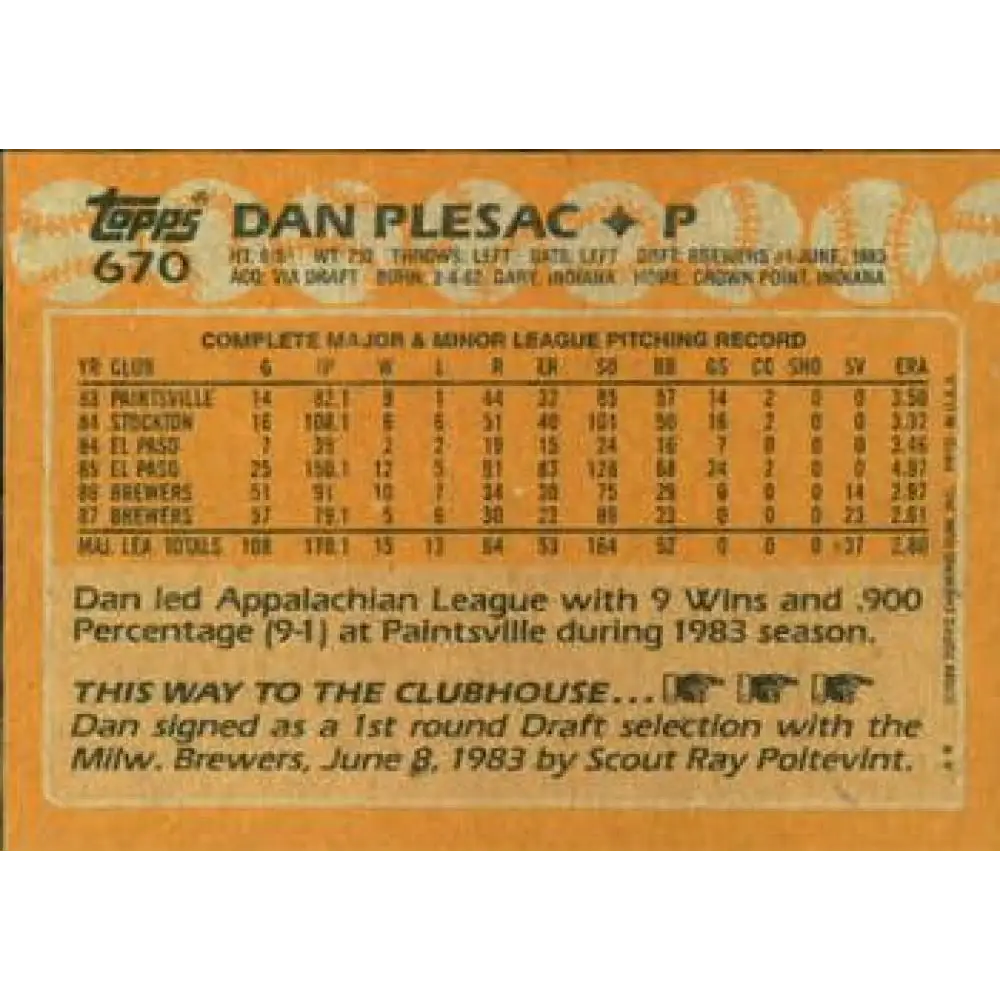 1988 Topps #670 Dan Plesac NM-MT Milwaukee Brewers Baseball Card  Image 2