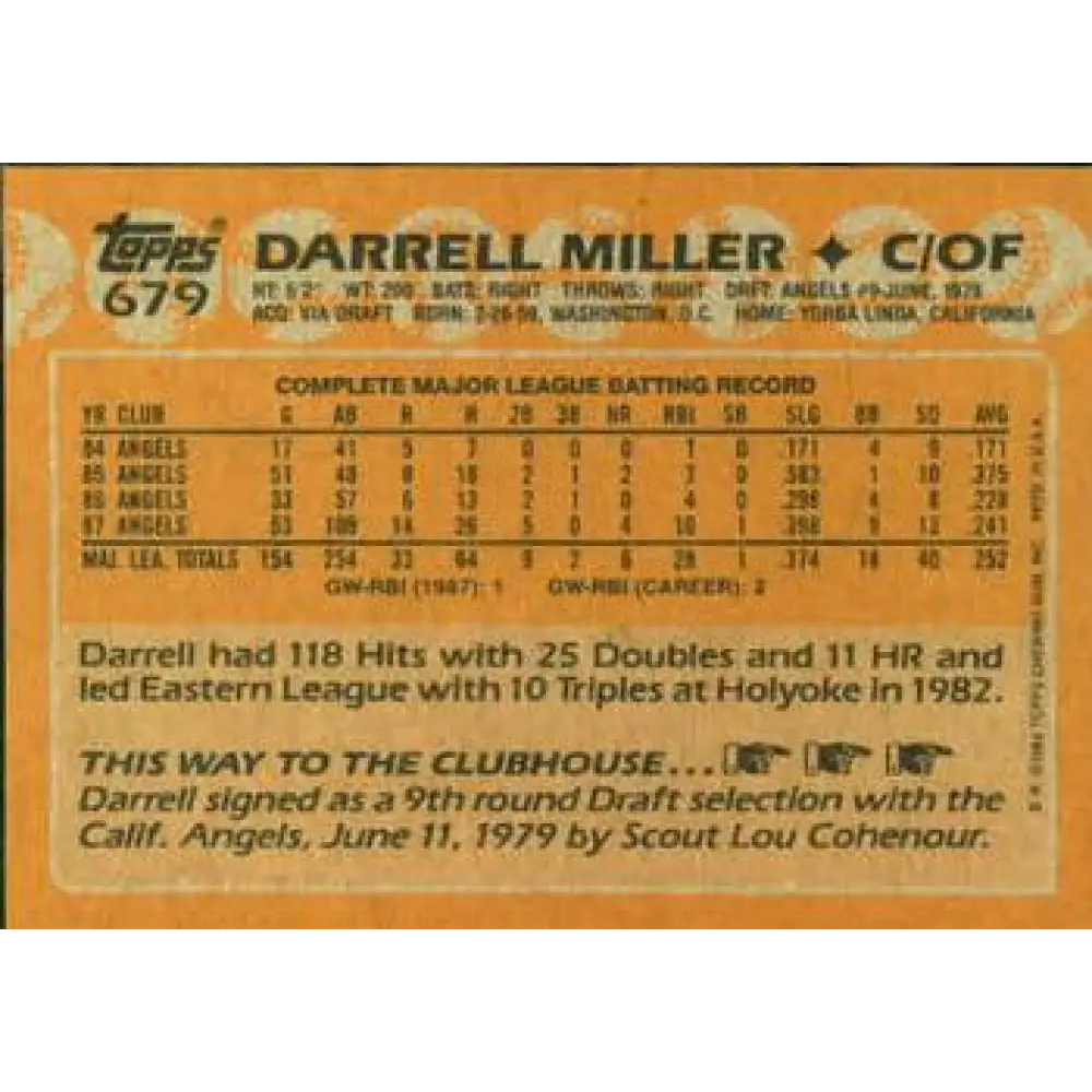 1988 Topps #679 Darrell Miller NM-MT California Angels Baseball Card  Image 2