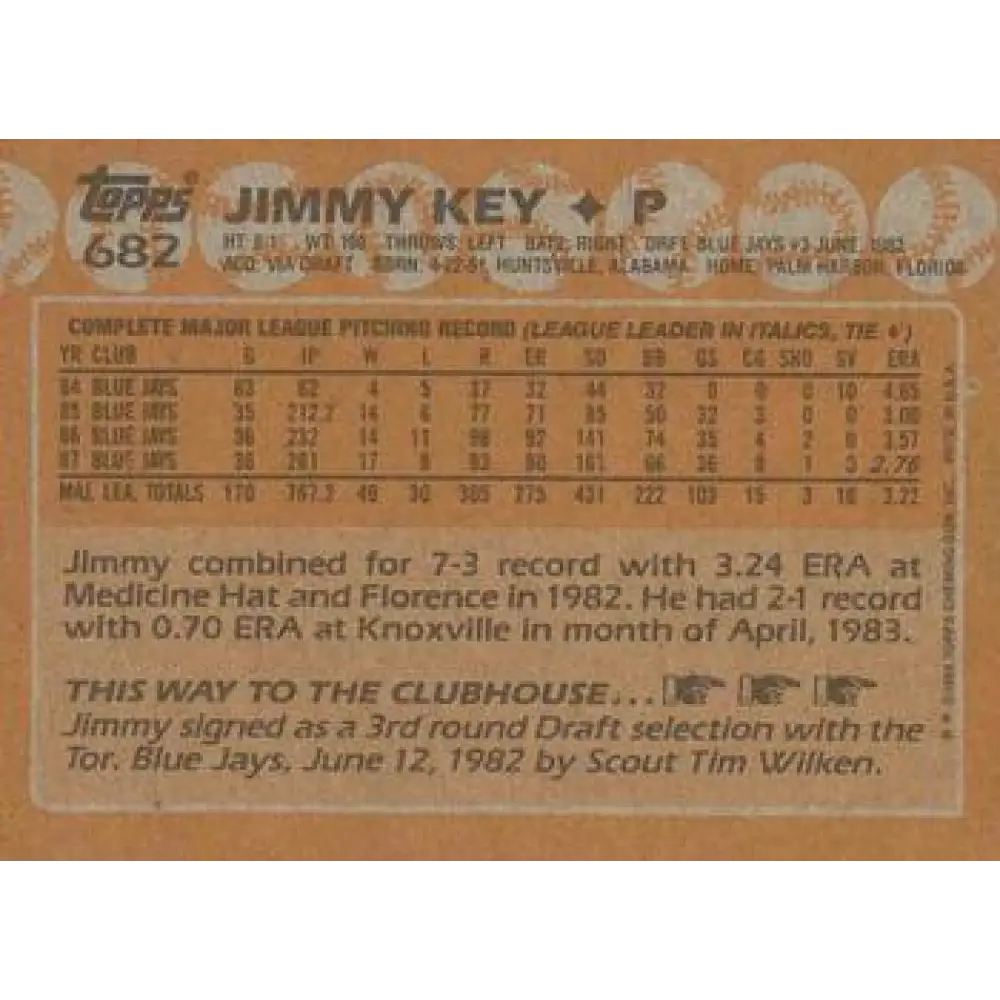 1988 Topps #682 Jimmy Key NM-MT Toronto Blue Jays Baseball Card  Image 2
